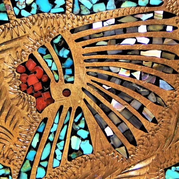 Artisan Crafted Turquoise & Coral Chip Inlay Native Chief Belt Buckle - Picture 2 of 9